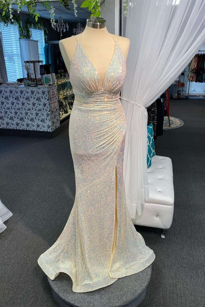 Plung V-Neck Ivory Mermaid Prom Dress with Slit