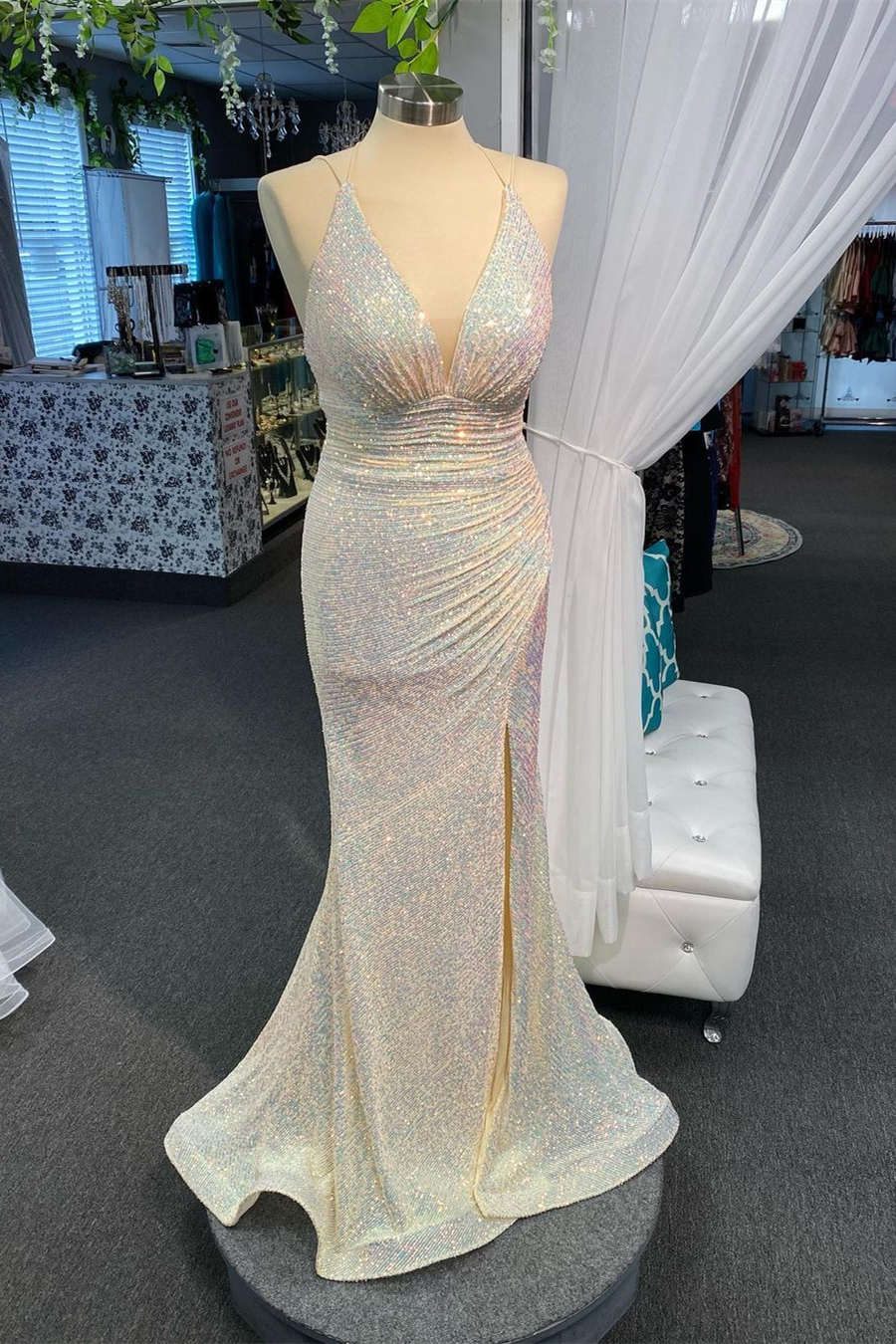Plung V-Neck Ivory Mermaid Prom Dress with Slit FancyVestido Plung V-Neck Ivory Mermaid Prom Dress with Slit FancyVestido