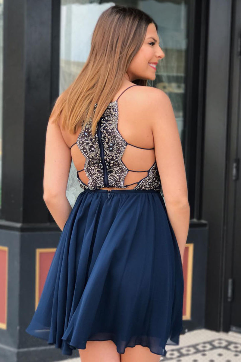 Plus Size Beading Chiffon Navy Blue Homecoming Dress