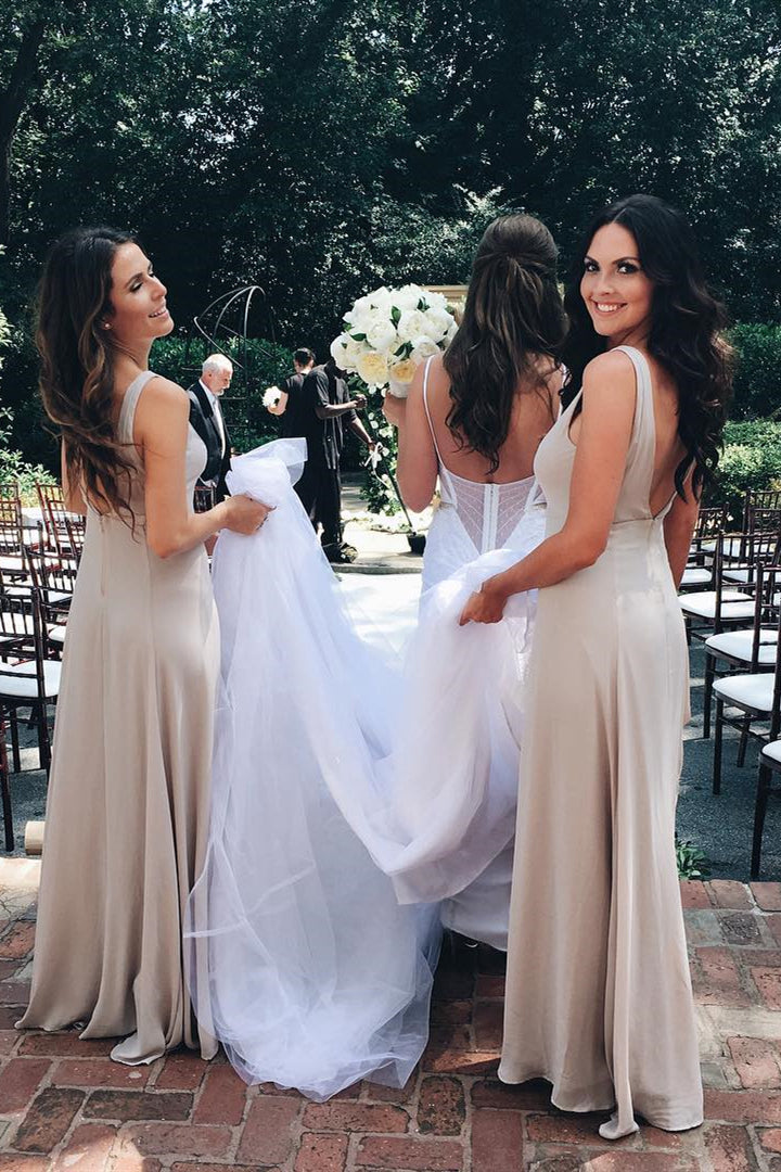 A-line Floor Length V-Neck Beige Chiffon Bridesmaid Dress FancyVestido A-line Floor Length V-Neck Beige Chiffon Bridesmaid Dress FancyVestido