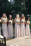 A-line Floor Length V-Neck Beige Chiffon Bridesmaid Dress