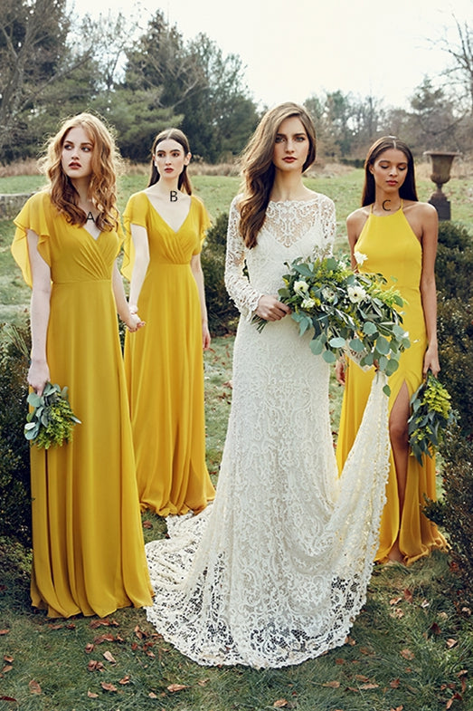 A-line Chiffon Floor-Length Mustard Yellow Bridesmaid Dresses