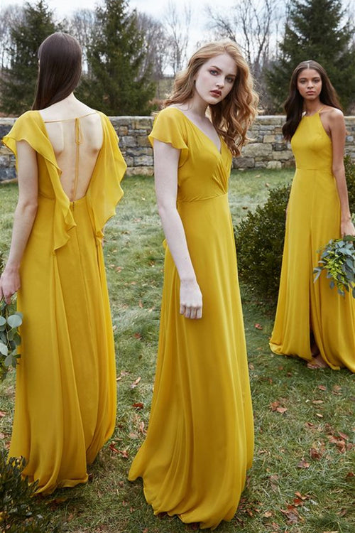 A-line Chiffon Floor-Length Mustard Yellow Bridesmaid Dresses