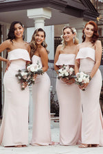 Mermaid Floor-Length Strapless Pink Bridesmaid Dresses with Train