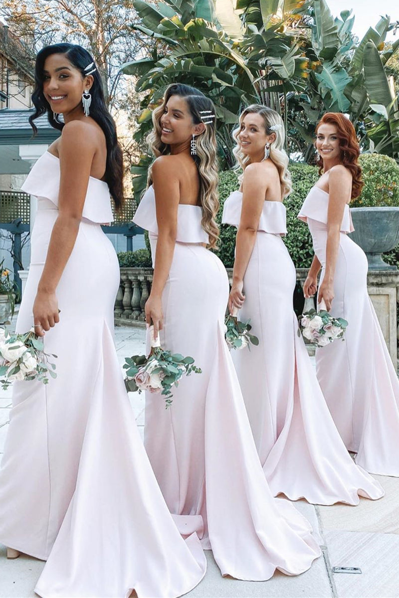 Mermaid Floor-Length Strapless Pink Bridesmaid Dresses with Train