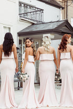 Mermaid Floor-Length Strapless Pink Bridesmaid Dresses with Train