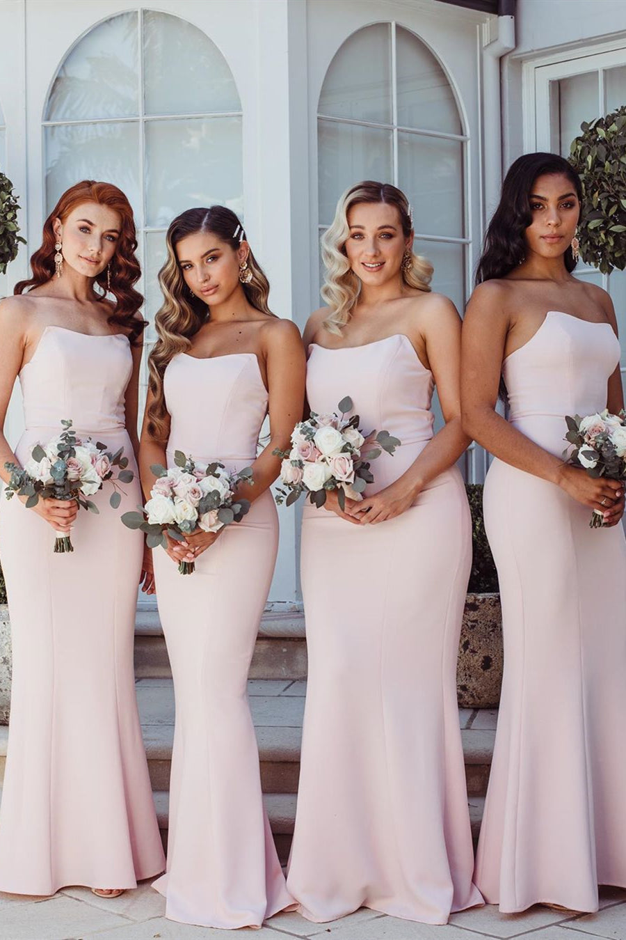 Elegant Strapless Mermaid Floor-Length Pink Bridesmaid Dress FancyVestido Elegant Strapless Mermaid Floor-Length Pink Bridesmaid Dress FancyVestido