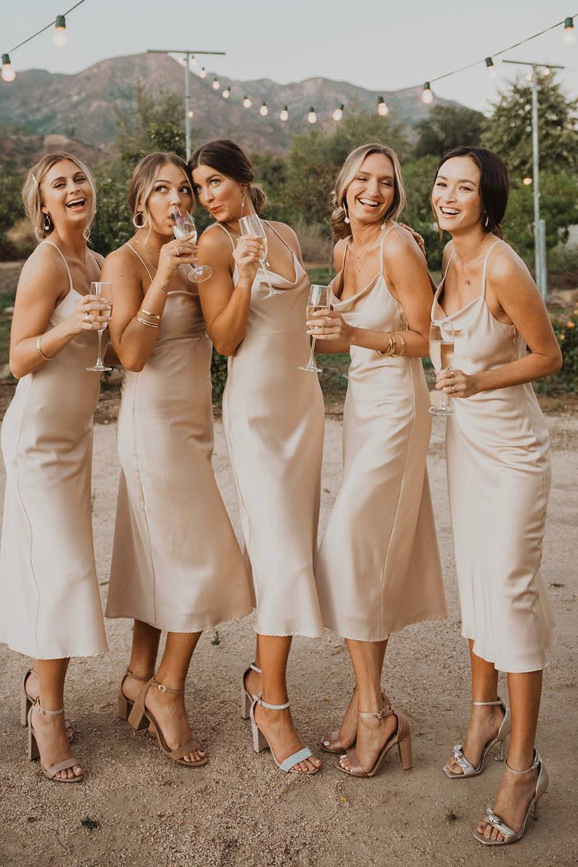 Spaghetti Straps Cowl Neck Tea-Length Champagne Bridesmaid Dress