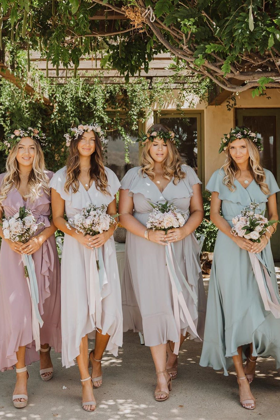 Elegant Tea-Length Ruffles Asymmetrical Chiffon Bridesmaid Dresses FancyVestido Elegant Tea-Length Ruffles Asymmetrical Chiffon Bridesmaid Dresses FancyVestido