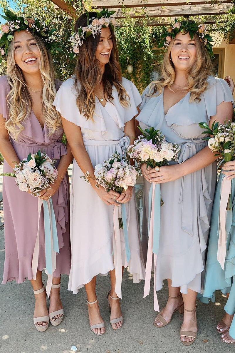 Elegant Tea-Length Ruffles Asymmetrical Chiffon Bridesmaid Dresses