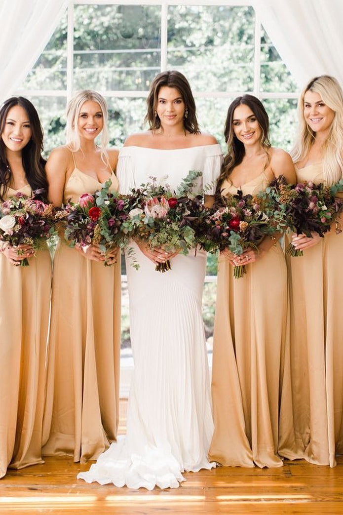 Elegant Spaghetti Strap Gold Satin Bridesmaid Dress FancyVestido Elegant Spaghetti Strap Gold Satin Bridesmaid Dress FancyVestido