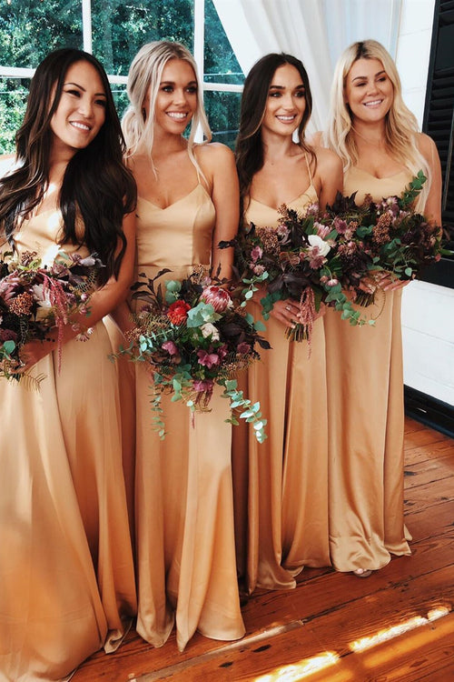 Elegant Spaghetti Strap Gold Satin Bridesmaid Dress