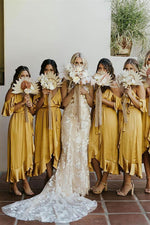 Ruffles Cold Sleeves Tea-Length Mustard Yellow Bridesmaid Dress