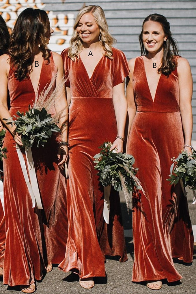 Elegant V Neck Floor Length Copper Bridesmaid Dress