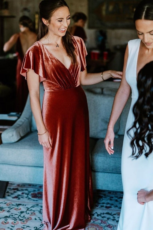 Elegant V Neck Floor Length Copper Bridesmaid Dress