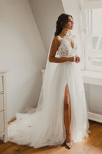 Long A-line V-Neck Lace White Wedding Dress with Slit