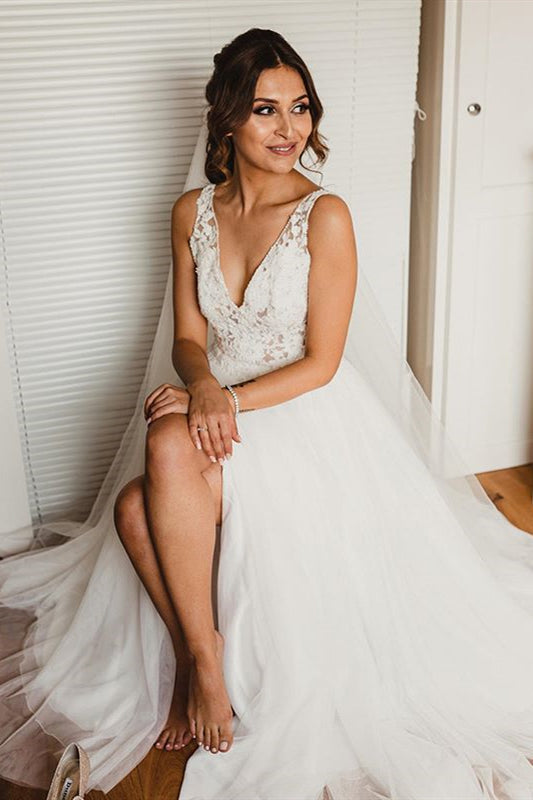 Long A-line V-Neck Lace White Wedding Dress with Slit