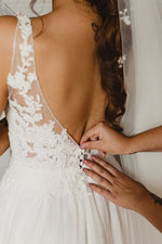 Long A-line V-Neck Lace White Wedding Dress with Slit