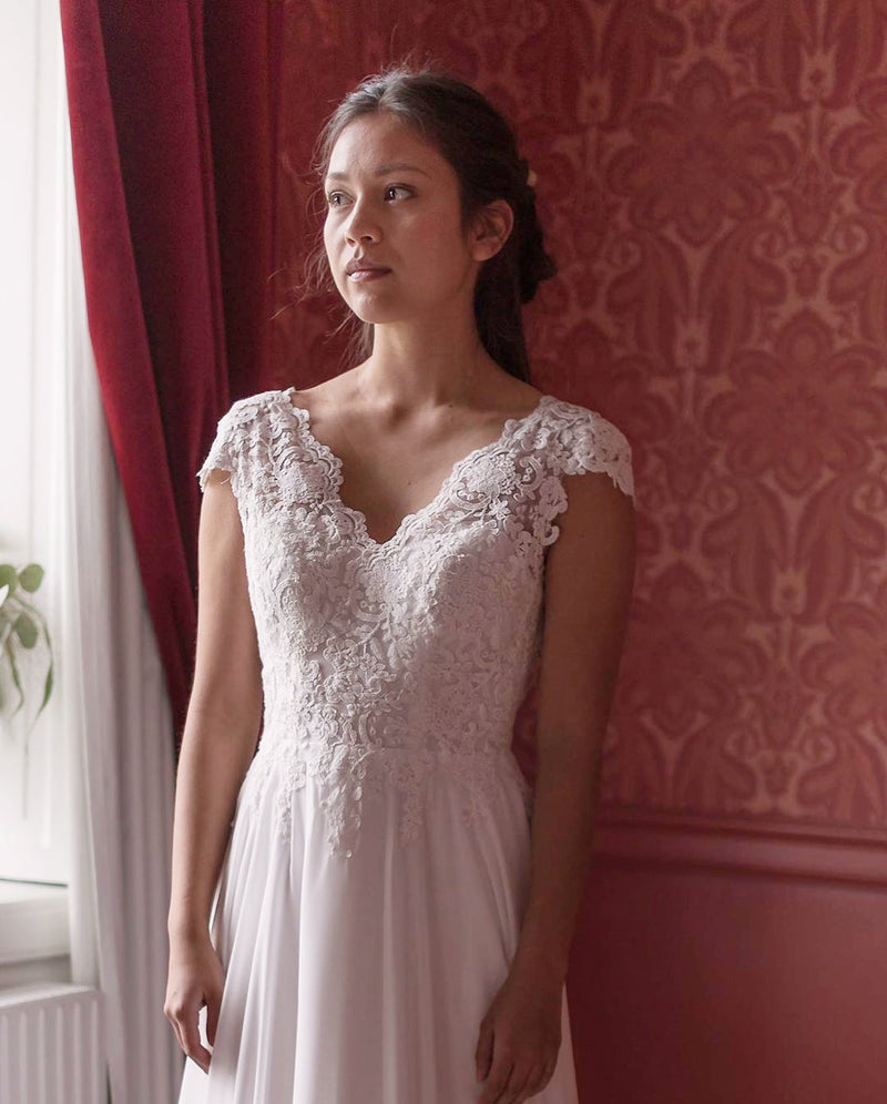 A-line Cap Sleeves White Chiffon Wedding Dress with Lace