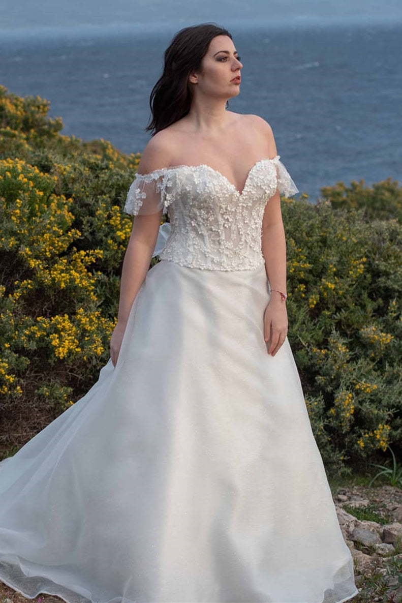 A-ine Long Off the Shoulder Ivory Wedding Dress with Appliques