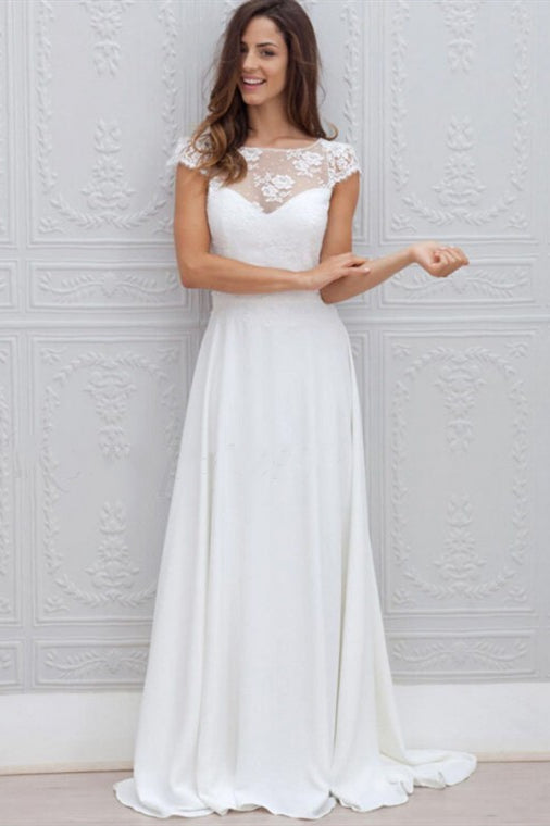 Cap Sleeves A-line White Wedding Dress with Lace Top