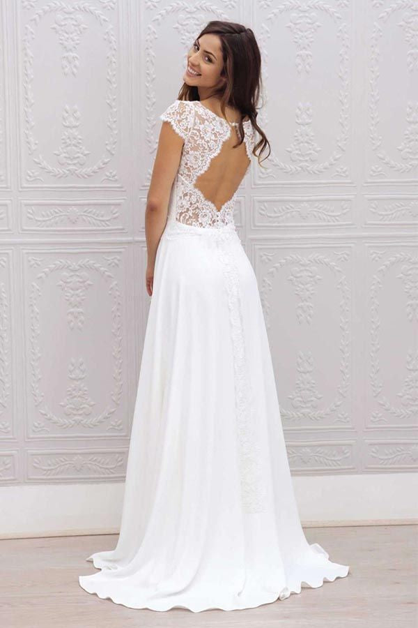 Cap Sleeves A-line White Wedding Dress with Lace Top
