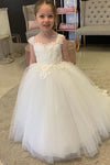 Princess Lace Appliques White Flower Girl Dress with Bowknot