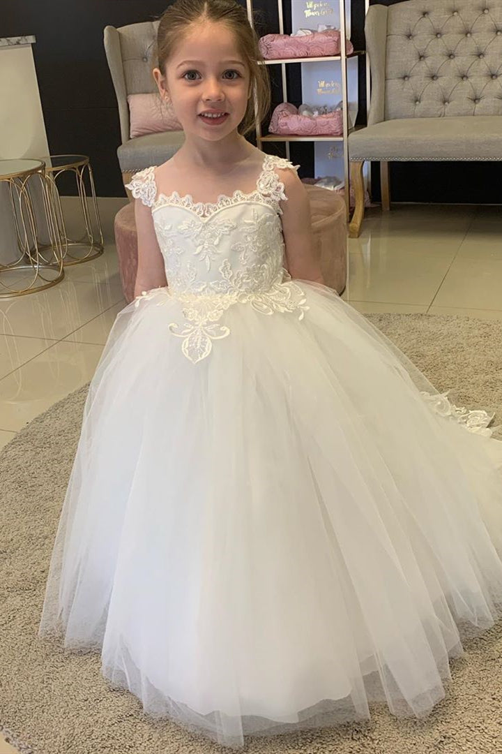 Princess Lace Appliques White Flower Girl Dress with Bowknot