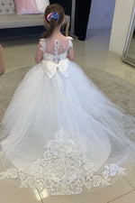 Princess Lace Appliques White Flower Girl Dress with Bowknot