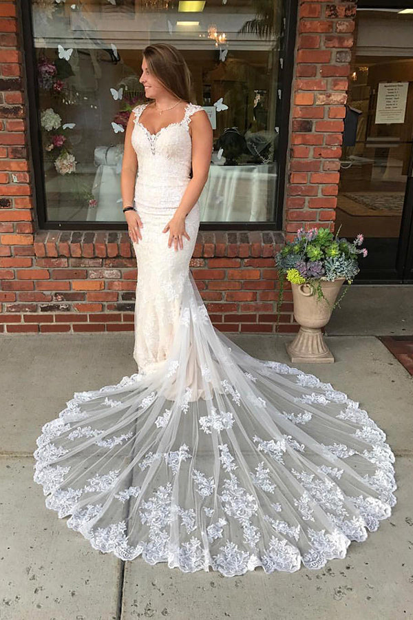 Long Mermaid Lace Strap Ivory Wedding Dress with Train