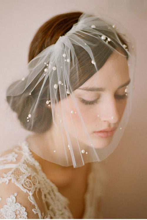 Short White Bridal Veil with Pearls