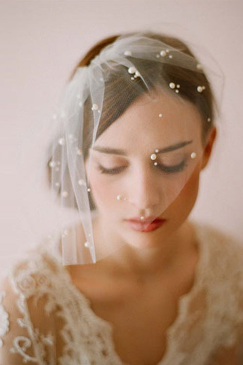 Short White Bridal Veil with Pearls
