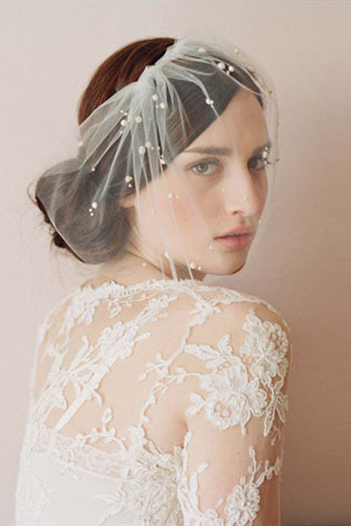 Short White Bridal Veil with Pearls