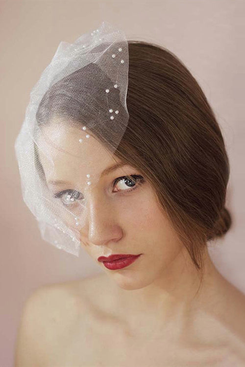 Short White Bridal Veil with Pearls