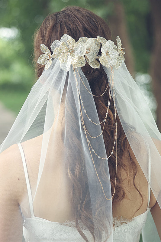 White Bridal Veil with Gold Headdress