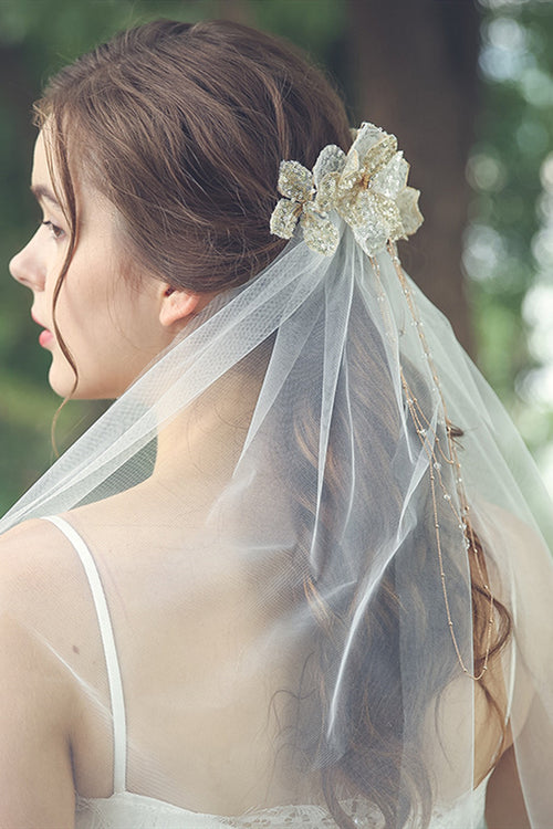 White Bridal Veil with Gold Headdress