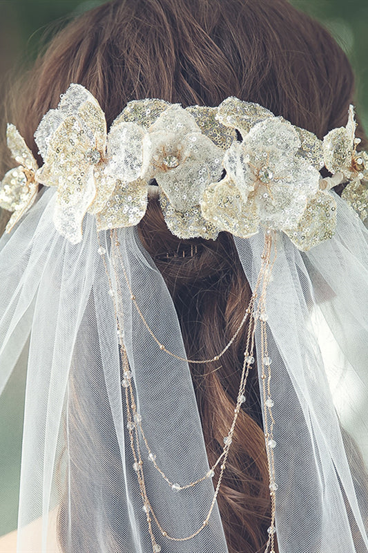 White Bridal Veil with Gold Headdress
