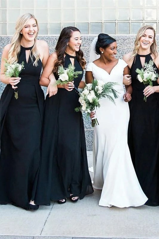 Floor-Length Jewel Hollow Black Bridesmaid Dress