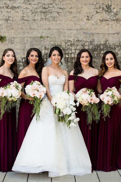 A-line Off-the-Shoulder Long Burgundy Bridesmaid Dress