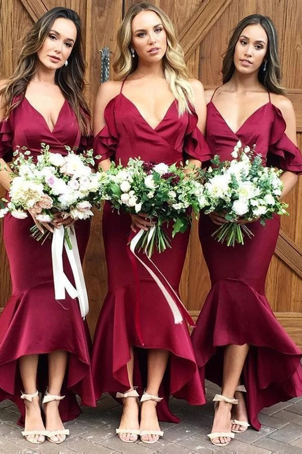High Low V Neck Mermaid Burgundy Bridesmaid Dress  FancyVestido