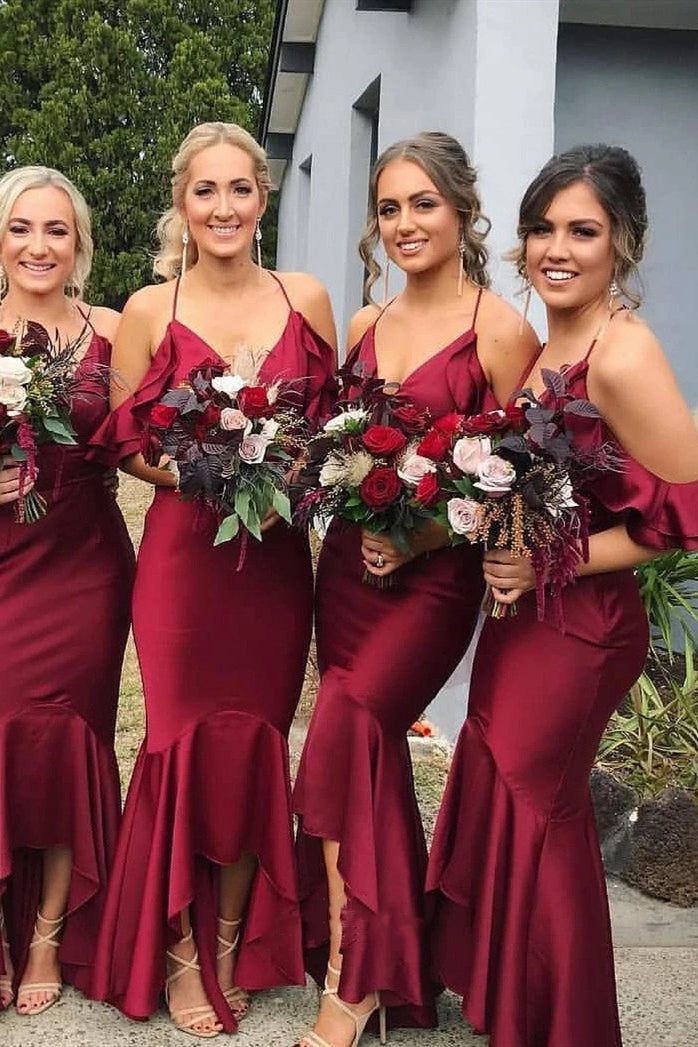 High Low V Neck Mermaid Burgundy Bridesmaid Dress