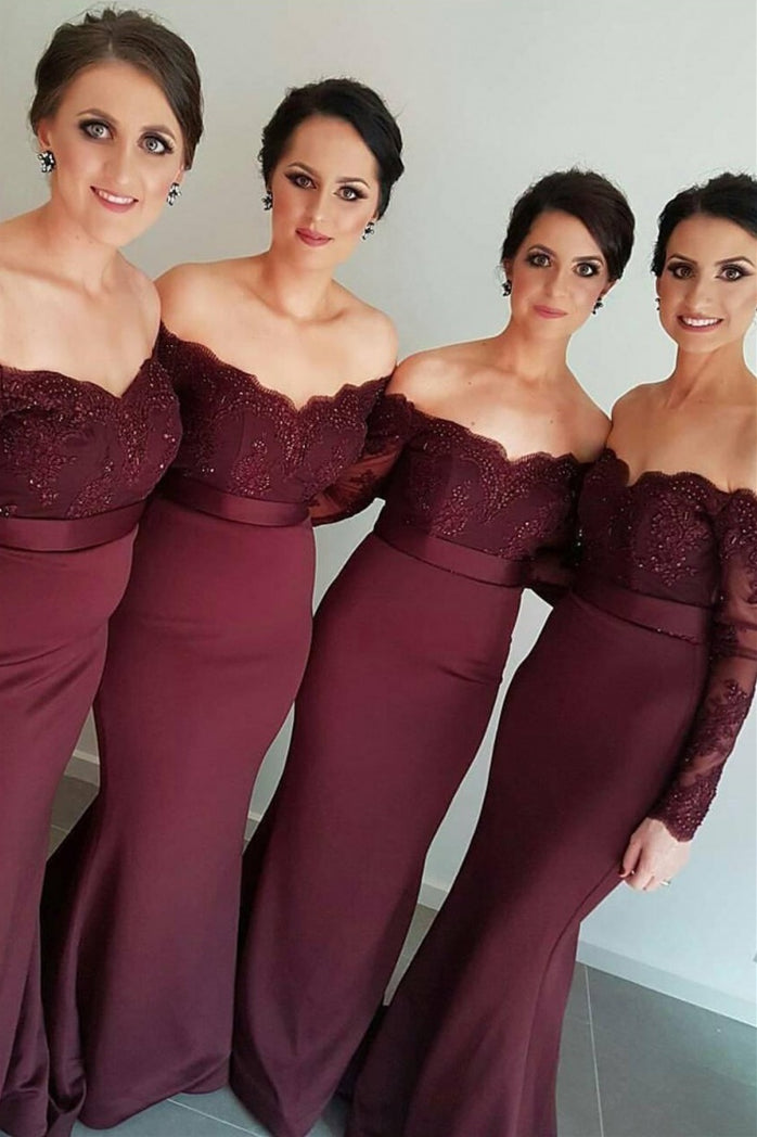 Long Sleeves Off-the-Shoulder Mermaid Burgundy Bridesmaid Dress –  FancyVestido