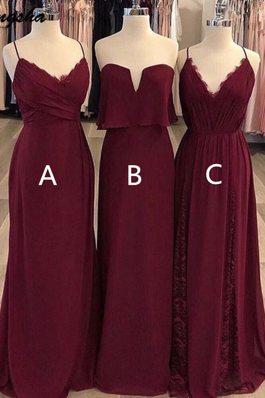 mismatched bridesmaid dresses burgundy Mismatched A-line V-Neck Chiffon Long Burgundy Bridesmaid Dress –  FancyVestido