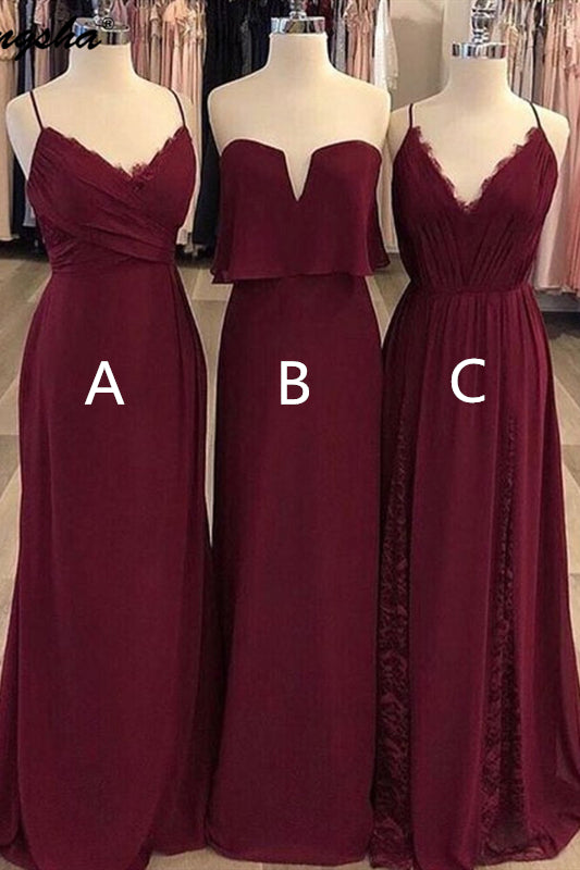 Mismatched A-line V-Neck Chiffon Long Burgundy Bridesmaid Dress