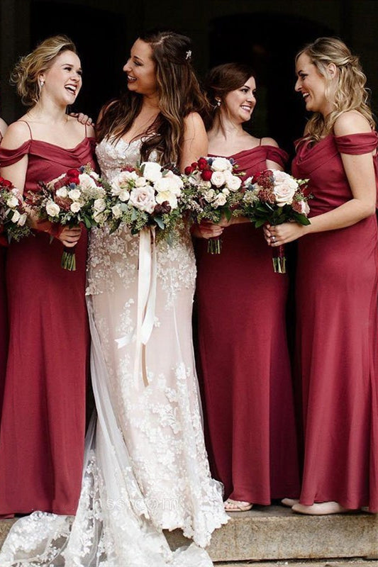 Cold Sleeves Pleated Mermaid Long Wine Red Bridesmaid Dress