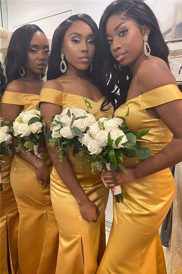 Mermaid Off-the-Shoulder Long Yellow Bridesmaid Dress with Slit FancyVestido Mermaid Off-the-Shoulder Long Yellow Bridesmaid Dress with Slit FancyVestido