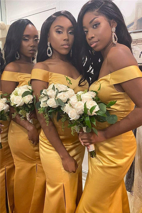 Mermaid Off-the-Shoulder Long Yellow Bridesmaid Dress with Slit