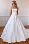 Lace Appliques Long Strapless White Wedding Dress with Pockets