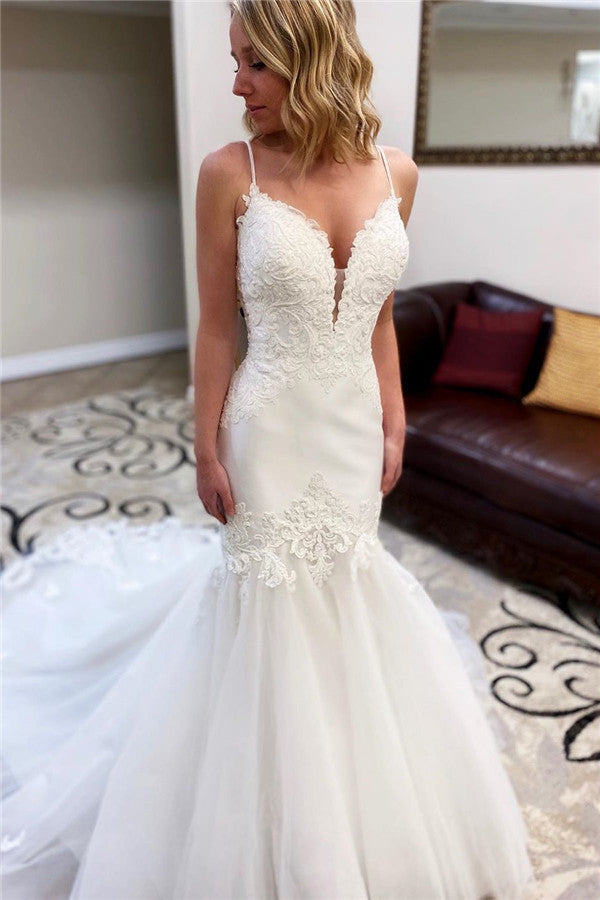 Spaghetti Strap Mermaid Long White Wedding Dress with Lace FancyVestido Spaghetti Strap Mermaid Long White Wedding Dress with Lace FancyVestido