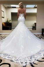 Spaghetti Strap Mermaid Long White Wedding Dress with Lace